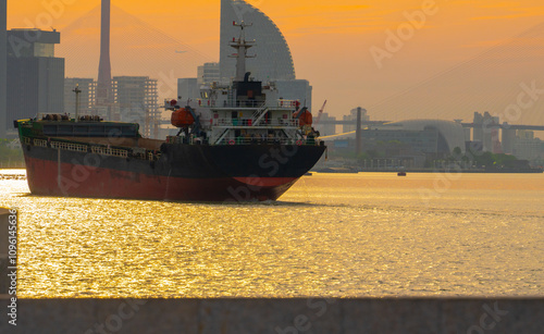 Marine and Cargo Hull at sunrise at the bund in Shanghai photo