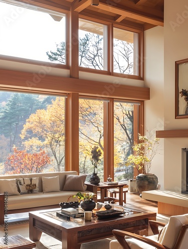 Luxurious Living Room with Panoramic Autumn View.