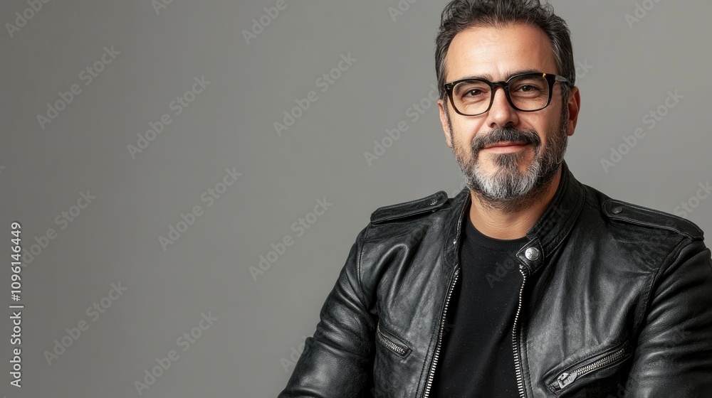 Confident man with a stylish beard donning a black leather jacket and vintage eyewear, exuding a classic biker aesthetic. Confident man with a stylish beard donning a black leather jacket and vintage eyewear, exuding a classic biker aesthetic.