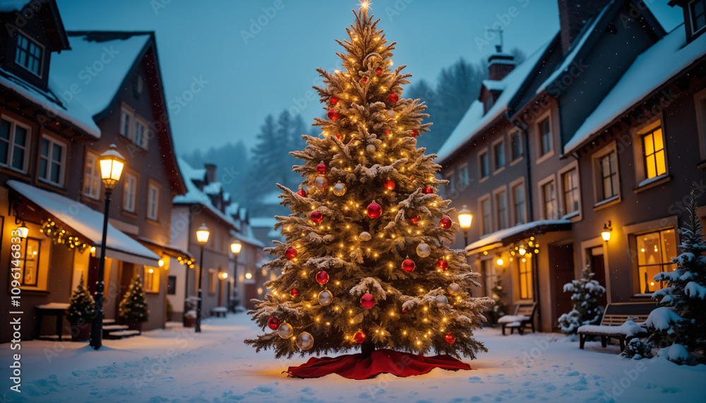 Naklejka premium Beautiful Christmas Tree in a Snowy Village