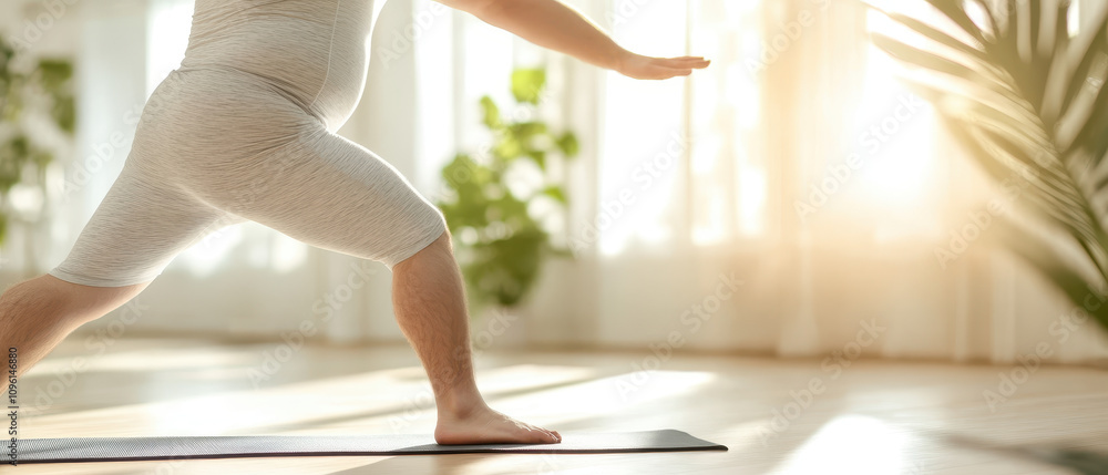 Fototapeta premium overweight man performing stretches on yoga mat in bright room filled with plants, showcasing focus on fitness and well being