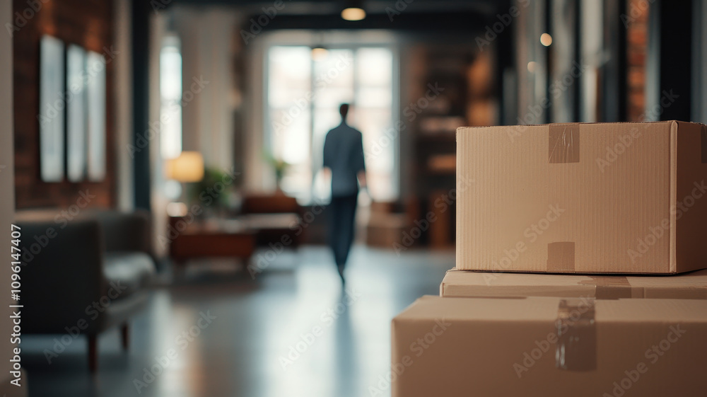 Moving boxes in spacious room with person walking away, creating sense of transition and new beginnings. atmosphere is calm and inviting
