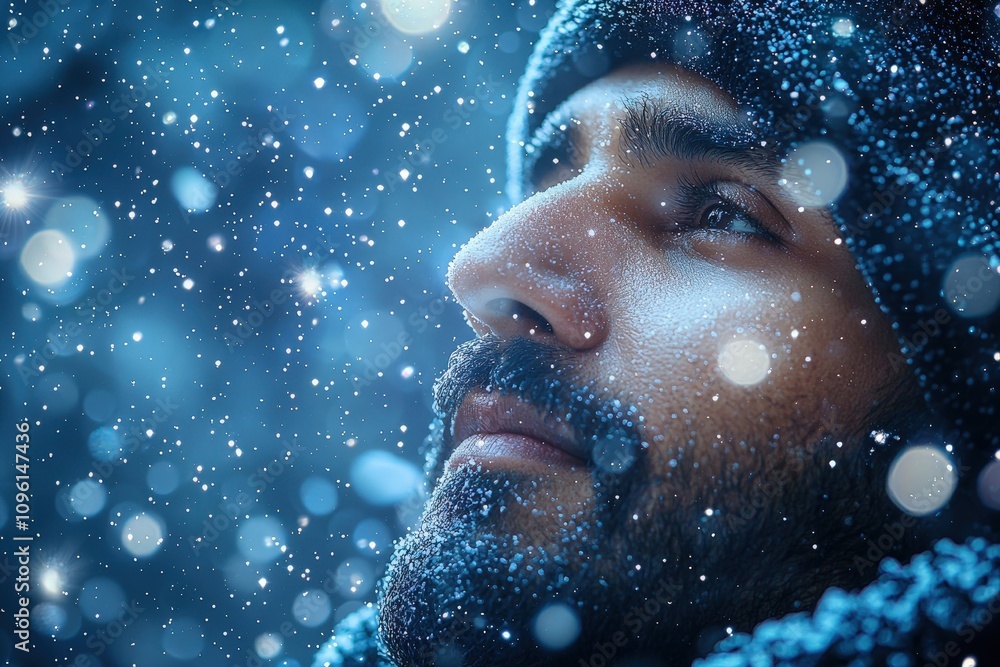 Contemplative man in winter snowfall gazing upward with hopeful expression Contemplative man in winter snowfall gazing upward with hopeful expression
