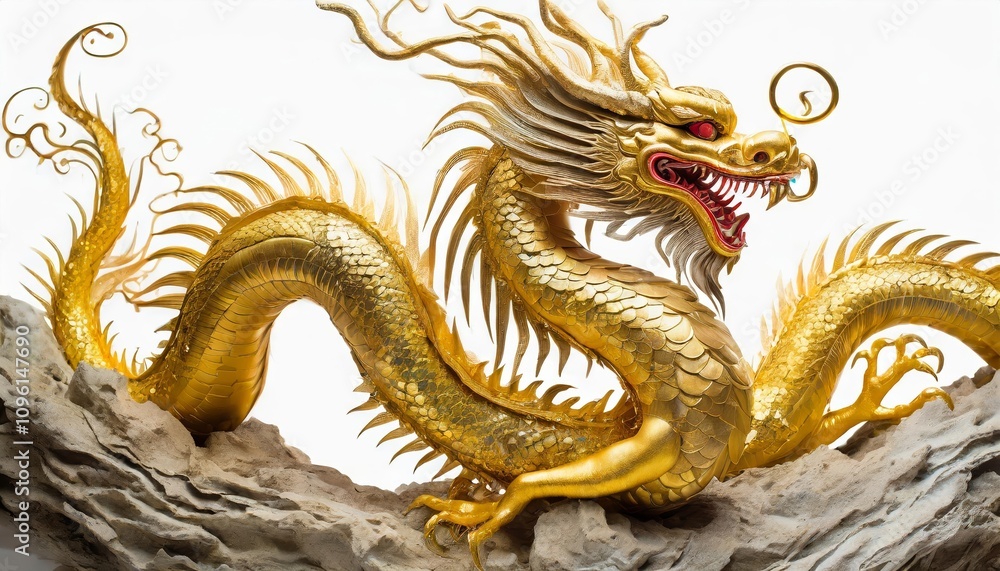 Obraz premium Magnificent Chinese Golden Dragon Isolated on White Background – Traditional Golden Chinese Dragon Symbolizing Power, Wisdom, and Prosperity – A Classic Representation of Mythical Asian Art