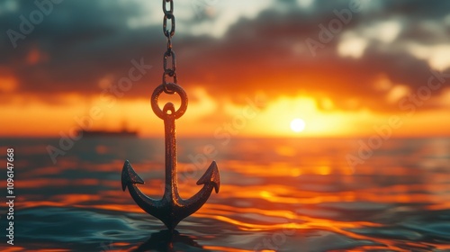 Keychain resembling a sea anchor dangles above tranquil water, glowing in warm sunset hues, symbolizing adventure and a nautical connection. photo