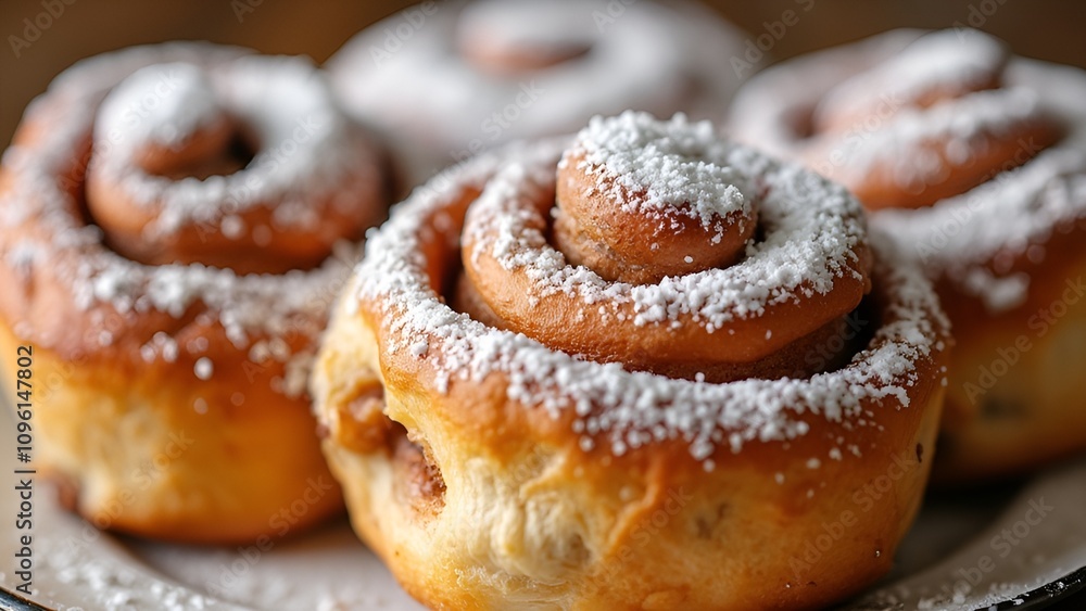 Freshly baked cinnamon rolls topped with powdered sugar, creating a warm, sweet treat perfect for breakfast or dessert Freshly baked cinnamon rolls topped with powdered sugar, creating a warm, sweet treat perfect for breakfast or dessert