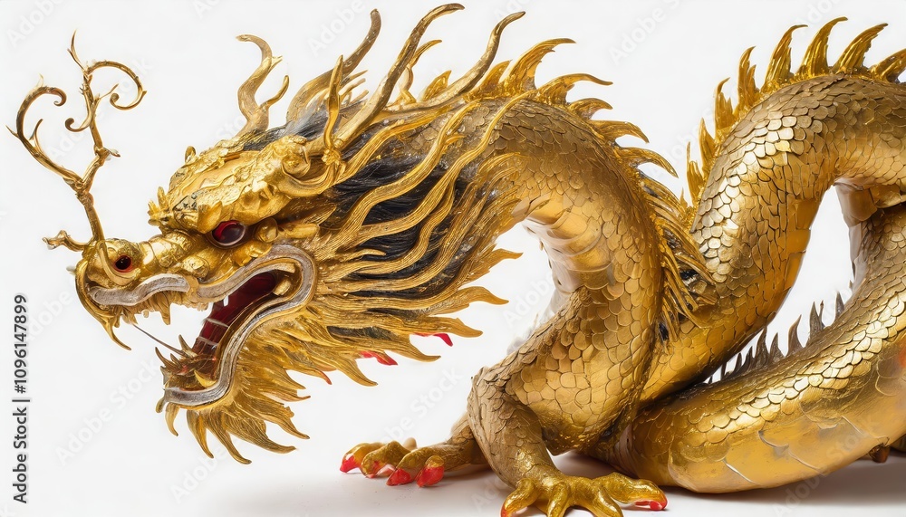 Majestic golden Chinese dragon depicted in intricate traditional detail, isolated on a pristine white background, embodying Chinese culture, mythology, and artistry with elegant symbolism. Majestic golden Chinese dragon depicted in intricate traditional detail, isolated on a pristine white background, embodying Chinese culture, mythology, and artistry with elegant symbolism.