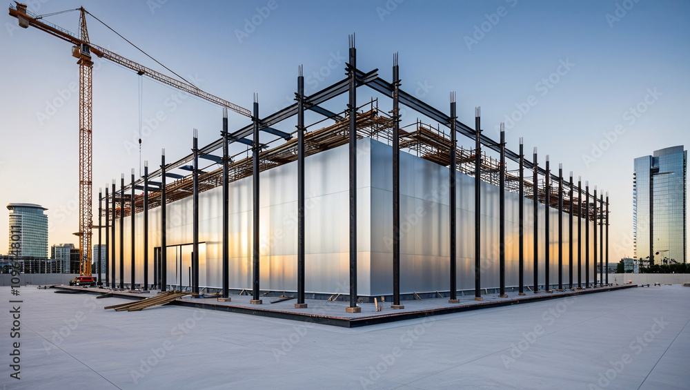 rectangular construction site in an urban setting, featuring a prominent steel framework and scaffolding, capturing the essence of modern development and progress rectangular construction site in an urban setting, featuring a prominent steel framework and scaffolding, capturing the essence of modern development and progress