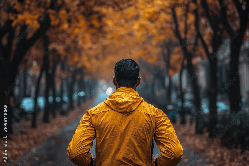 Man in yellow jacket walking down a tree-lined path in autumn Man in yellow jacket walking down a tree-lined path in autumn