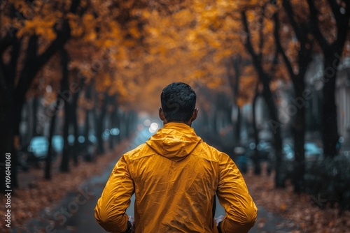 Man in yellow jacket walking down a tree-lined path in autumn