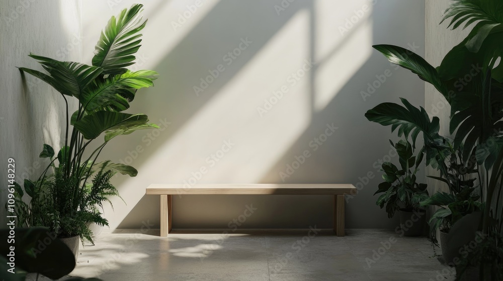 Fototapeta premium Minimalist hallway with a light wooden bench and vibrant green houseplants against a soft, blank wall, creating a serene contemporary interior aesthetic.