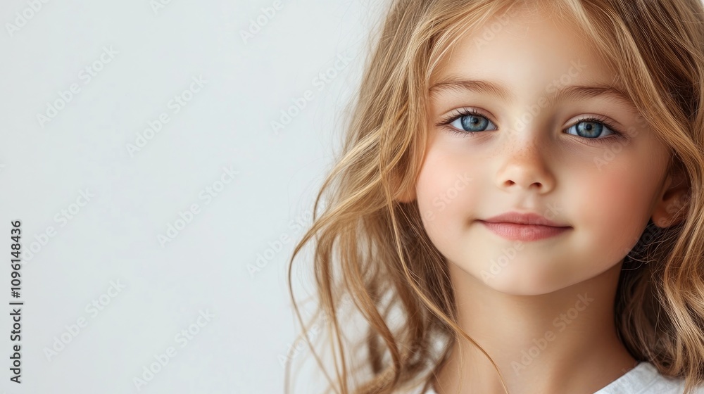 Captivating portrait of a young girl with expressive blue eyes and wavy hair, ideal for children's beauty themes with ample copy space. Captivating portrait of a young girl with expressive blue eyes and wavy hair, ideal for children's beauty themes with ample copy space.