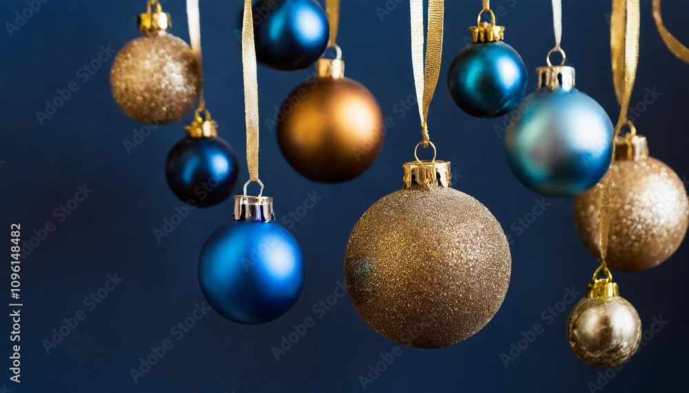 Elegant Christmas and New Year Minimalistic Background Featuring Golden and Blue Glass Balls Hanging on Ribbons, Perfect for Holiday-Themed Designs with a Touch of Sophistication. Elegant Christmas and New Year Minimalistic Background Featuring Golden and Blue Glass Balls Hanging on Ribbons, Perfect for Holiday-Themed Designs with a Touch of Sophistication.