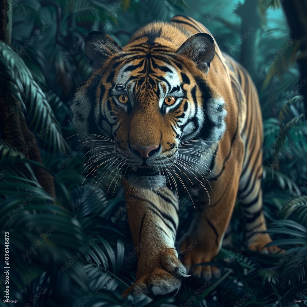 Fototapeta premium Fierce tiger stalking through lush jungle wildlife photograph nature environment close-up perspective