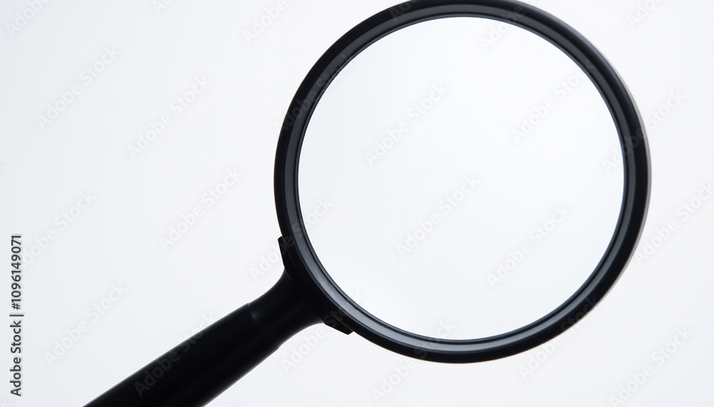 The image displays a magnifying glass with a round, clear lens and a black handle. It is positioned against a neutral background. There are no texts or additional objects visible in the image. The image displays a magnifying glass with a round, clear lens and a black handle. It is positioned against a neutral background. There are no texts or additional objects visible in the image.