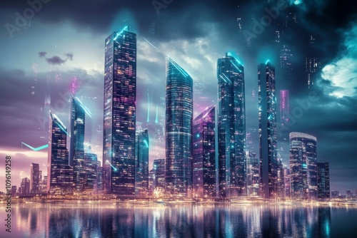 Futuristic city skyline with colorful lights reflecting in the water at night - digital illustration of modern architecture.