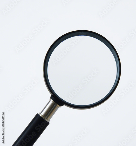 The image displays a magnifying glass with a round, clear lens and a black handle. It is positioned against a neutral background. There are no texts or additional objects visible in the image.