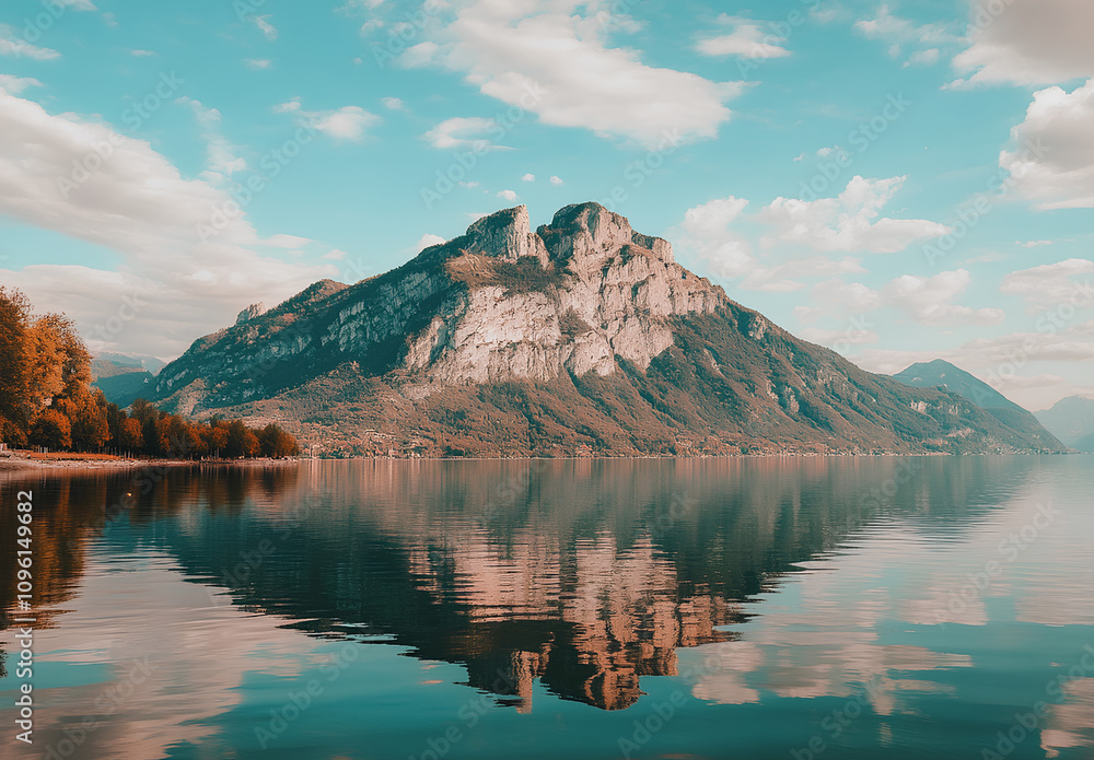 Naklejka premium Photo of Lake Iseo in the Dolomites, Italy, with a forest and mountain peak reflecting on the water, a beautiful natural scenery, natural landscape photography, a blue sky with clouds, autumn season, 