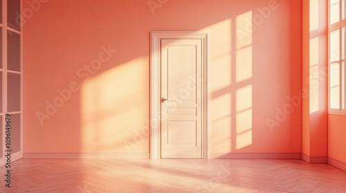 Peach Toned Minimalist Interior with Abundant Natural Light Highlighting an Empty Room and a Stylish Door