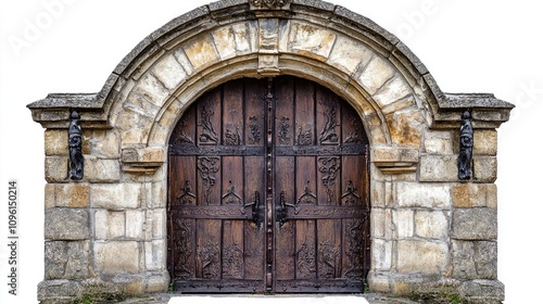 Wallpaper Mural Medieval stone archway with intricate carvings and sturdy iron-reinforced door, isolated on a white background for emphasis and clarity. Torontodigital.ca