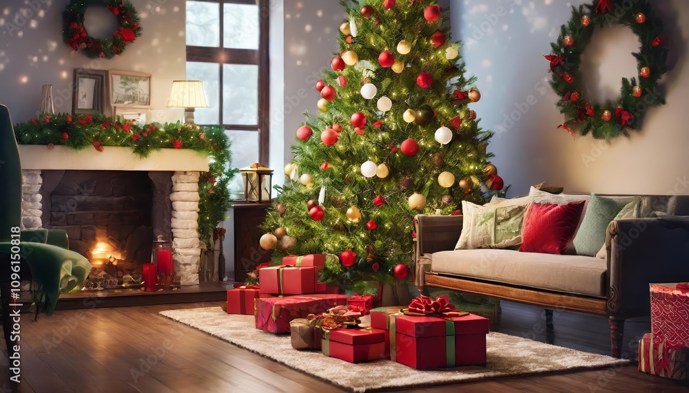 Festive Christmas tree adorned with sparkling ornaments and glowing lights in a cozy living room, surrounded by neatly wrapped gifts and elegant holiday decorations, spreading seasonal Festive Christmas tree adorned with sparkling ornaments and glowing lights in a cozy living room, surrounded by neatly wrapped gifts and elegant holiday decorations, spreading seasonal