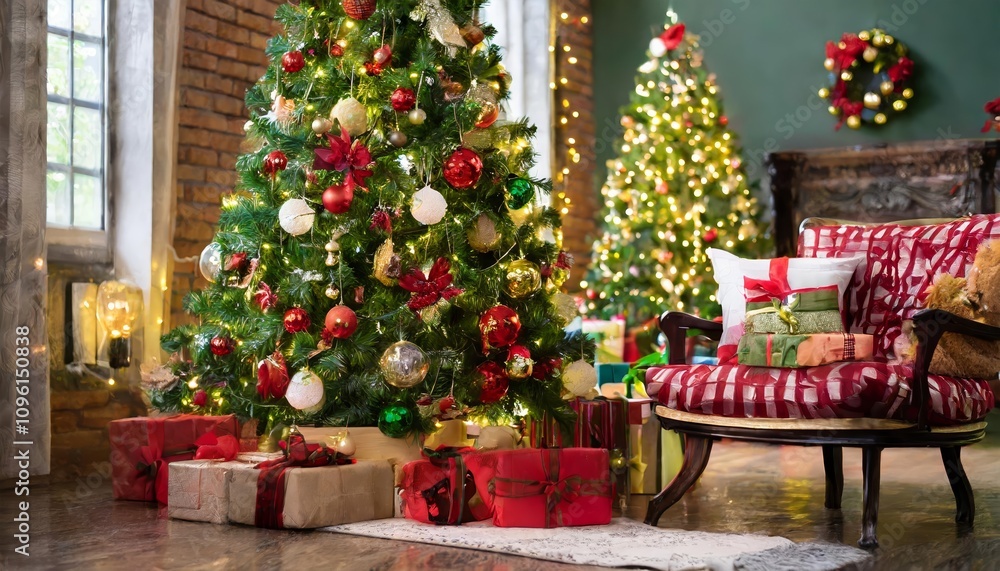 Festive Christmas tree in a cozy living room adorned with sparkling ornaments, vibrant lights, and a variety of beautifully wrapped gifts surrounded by holiday decorations creating a Festive Christmas tree in a cozy living room adorned with sparkling ornaments, vibrant lights, and a variety of beautifully wrapped gifts surrounded by holiday decorations creating a