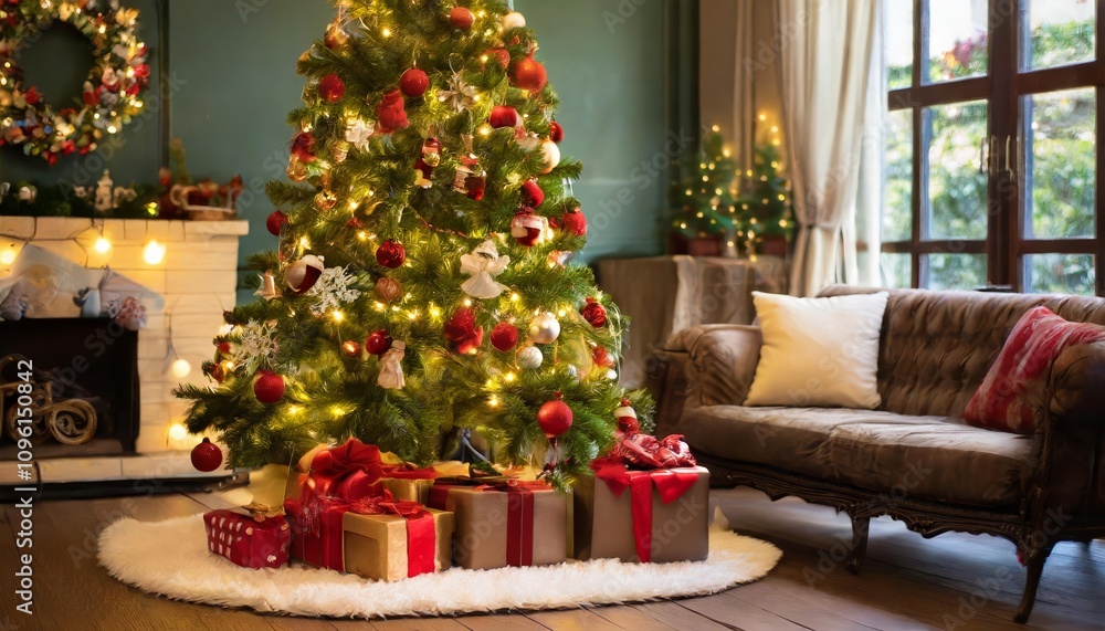 Festive Christmas Tree in Cozy Living Room with Colorful Decorations, Wrapped Gifts, and Ornaments Illuminated by Warm Lights, Set Against a Softly Lit Interior Ready for Holiday Festive Christmas Tree in Cozy Living Room with Colorful Decorations, Wrapped Gifts, and Ornaments Illuminated by Warm Lights, Set Against a Softly Lit Interior Ready for Holiday