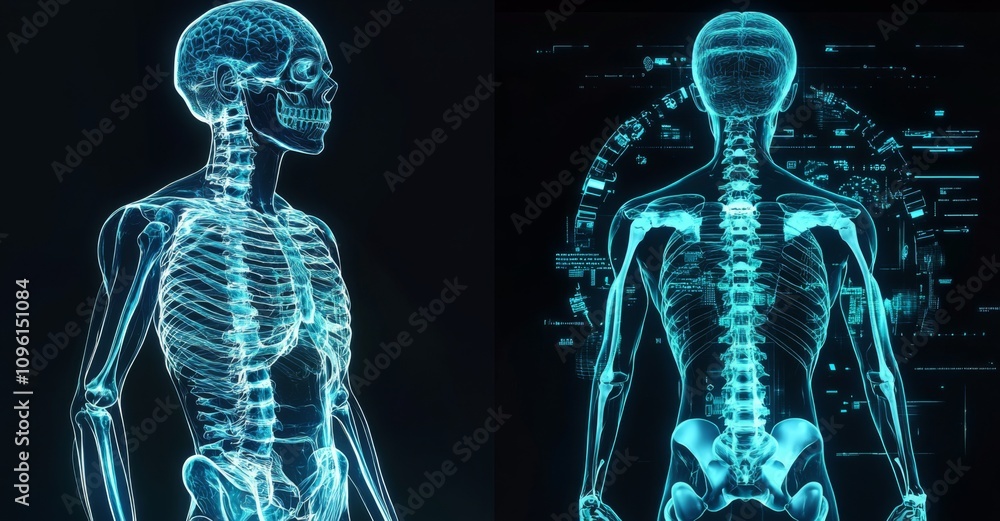 Futuristic digital illustration of human skeleton with blue neon lights in side view, set against black background. Futuristic digital illustration of human skeleton with blue neon lights in side view, set against black background.