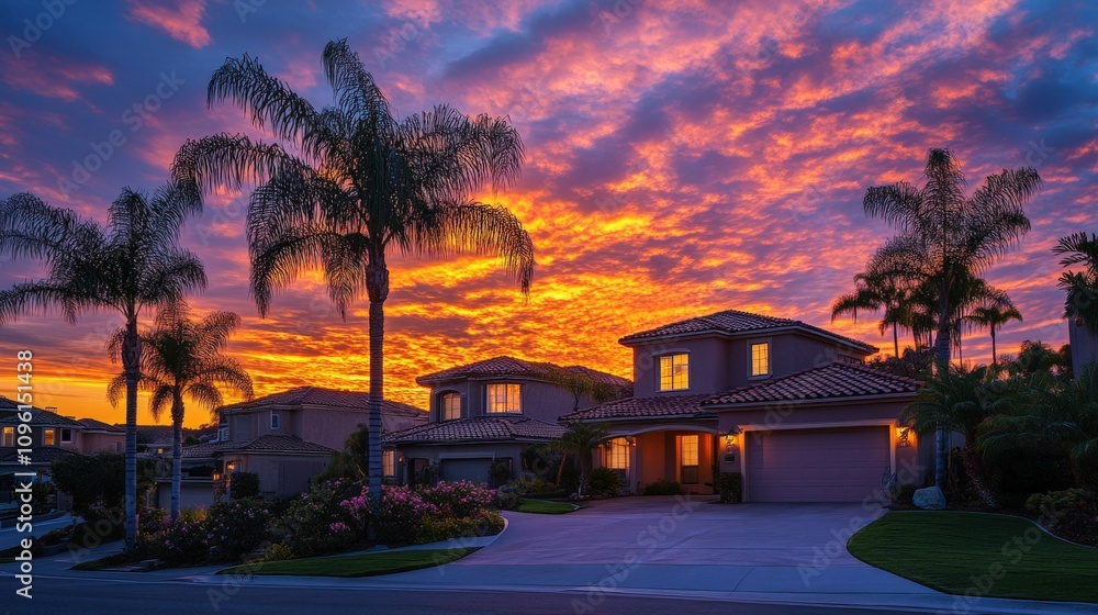 Obraz premium Sunset Hues Illuminate Suburban Homes and Palm Trees