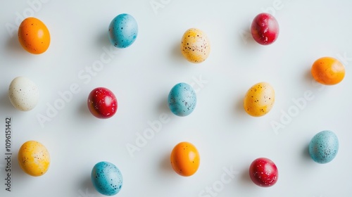 Colorful speckled Easter eggs arranged in a cheerful pattern on a clean white background, creating a bright and minimalist festive backdrop. photo