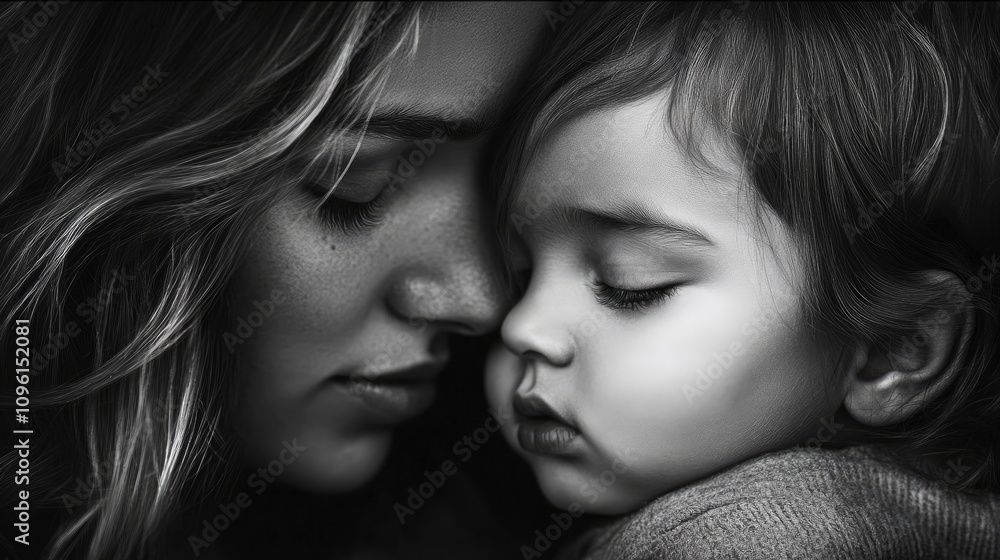 Tender moment between a young mother and her child showcasing loving connection and gentle affection in a heartfelt black and white portrait. Tender moment between a young mother and her child showcasing loving connection and gentle affection in a heartfelt black and white portrait.
