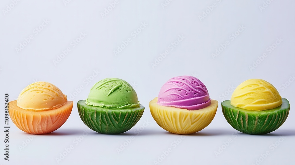 Ice cream served in hand-carved fruit bowls, meal design, playful culinary innovation Ice cream served in hand-carved fruit bowls, meal design, playful culinary innovation