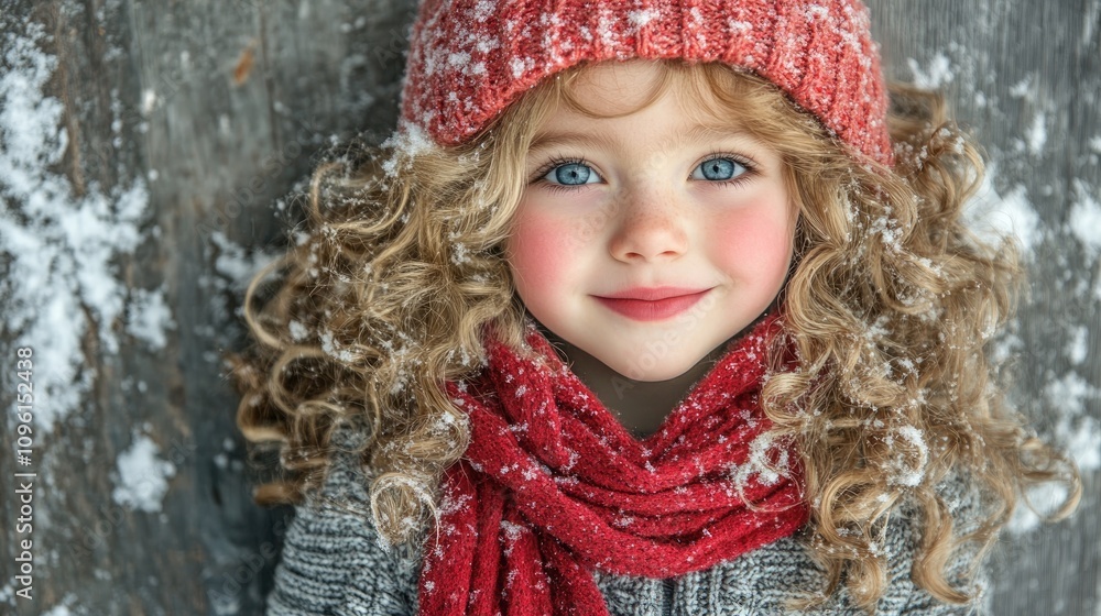 Charming young girl with curly blonde hair, bright blue eyes, and a warm smile, bundled in winter attire, surrounded by soft snowflakes. Charming young girl with curly blonde hair, bright blue eyes, and a warm smile, bundled in winter attire, surrounded by soft snowflakes.