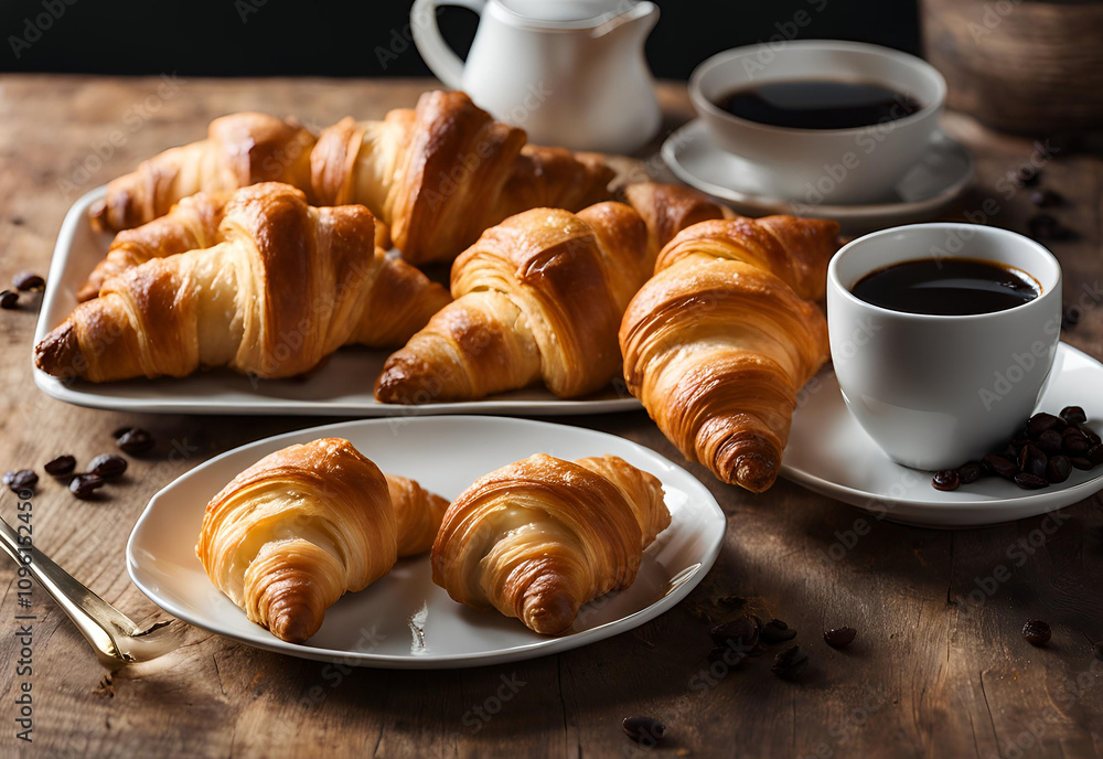Brown, crispy and delicious French croissants in plates with sweet black coffee on wooden table Brown, crispy and delicious French croissants in plates with sweet black coffee on wooden table