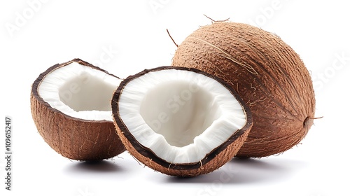 Fresh Coconut Halves and Whole Coconut on White Background. AI Generated