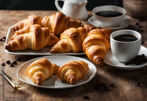 Brown, crispy and delicious French croissants in plates with sweet black coffee on wooden table