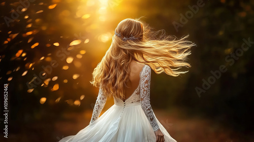 Banner radiant bride spinning white dress amidst glowing sunlight golden leaves enchanting nature back view