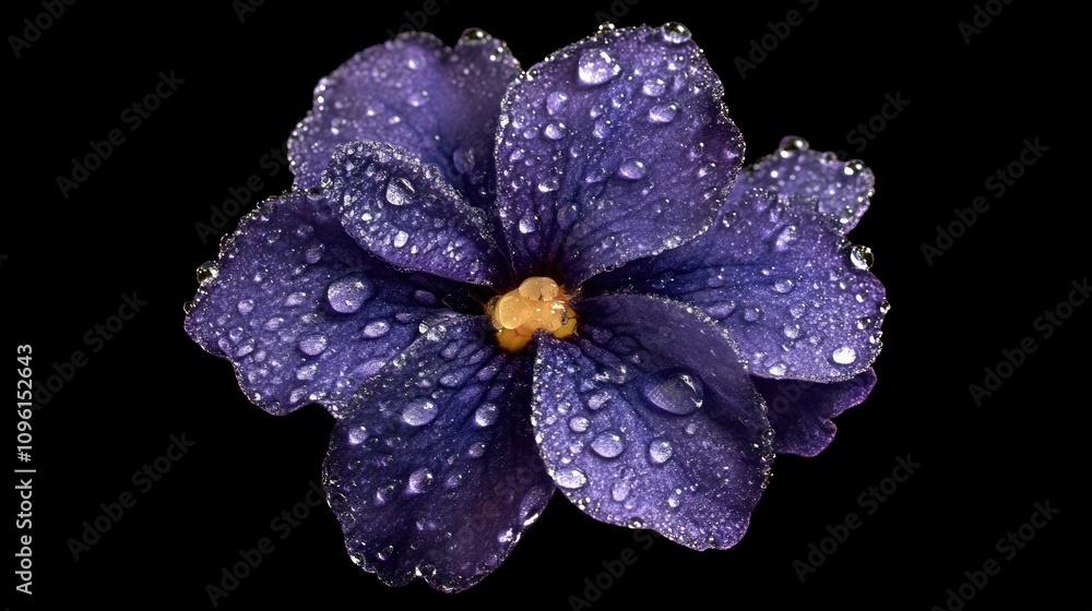 Obraz premium Vivid Purple African Violet Flower Close-Up with Glistening Water Droplets on Petals Against a Black Background
