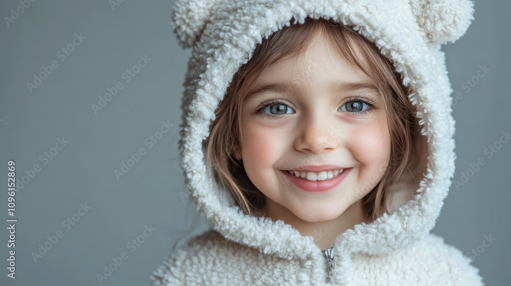 Joyful child in cozy teddy bear costume smiling brightly against a soft gray backdrop, exuding a playful and festive Halloween spirit. Joyful child in cozy teddy bear costume smiling brightly against a soft gray backdrop, exuding a playful and festive Halloween spirit.