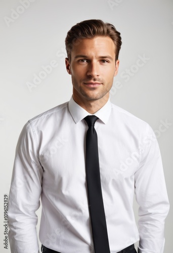 young man, professional attire, white dress shirt, black tie, clean background, business portrait, confident expression, short hair, studio lighting 