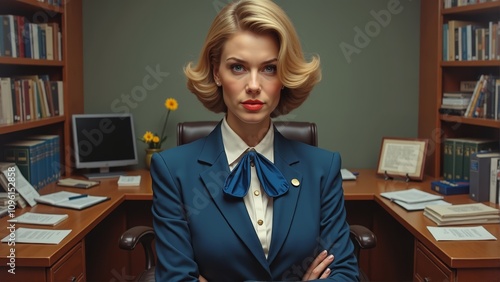  a woman in a blue suit sitting at a desk in front of a computer On the desk there are books, papers, a monitor, a flower vase, a frame, and other objects Behind h photo