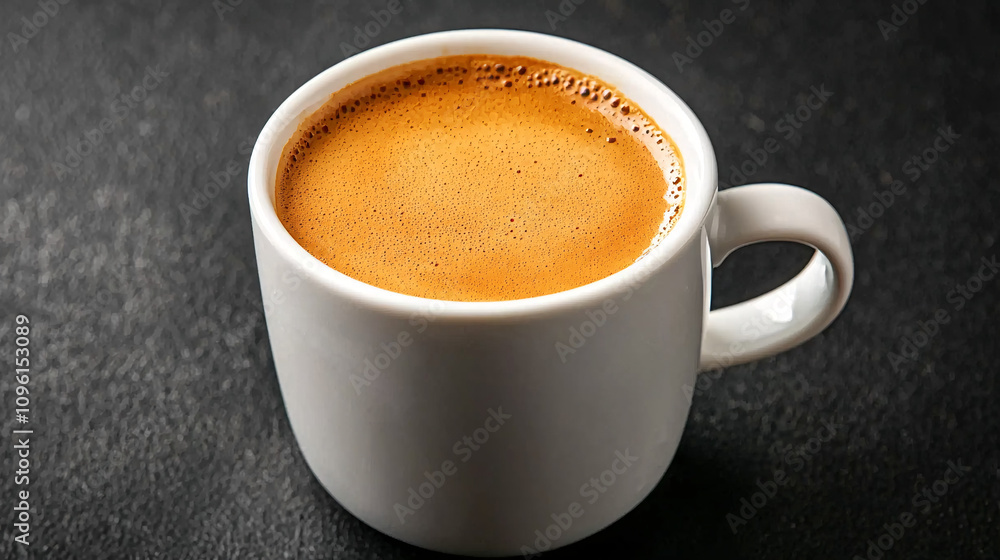 Aromatic Coffee: Freshly Brewed Espresso in a White Mug, Ready to Awaken Your Senses. Aromatic Coffee: Freshly Brewed Espresso in a White Mug, Ready to Awaken Your Senses.