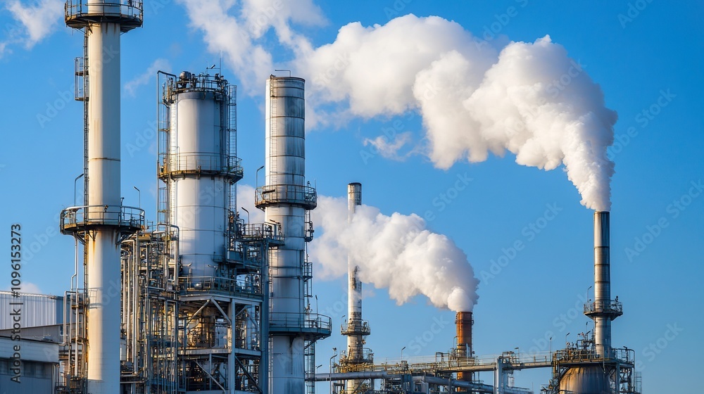 Petrochemical plant or oil refinery smoke stacks with an intricate network of pipes under a clear blue sky Petrochemical plant or oil refinery smoke stacks with an intricate network of pipes under a clear blue sky