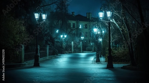 A dimly lit street at night with vintage lamps and a mysterious building in the background.