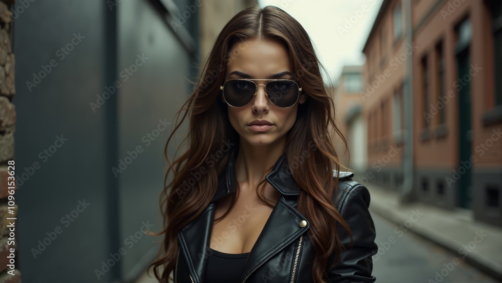 a woman wearing a black leather jacket and sunglasses standing in front of a brick wall The background is slightly blurred, with buildings visible on the right sid a woman wearing a black leather jacket and sunglasses standing in front of a brick wall The background is slightly blurred, with buildings visible on the right sid