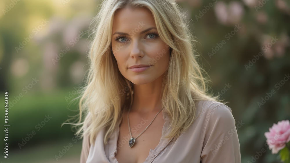 a woman with long blonde hair wearing a pink shirt, standing in front of a blurred background with a flower to her right a woman with long blonde hair wearing a pink shirt, standing in front of a blurred background with a flower to her right
