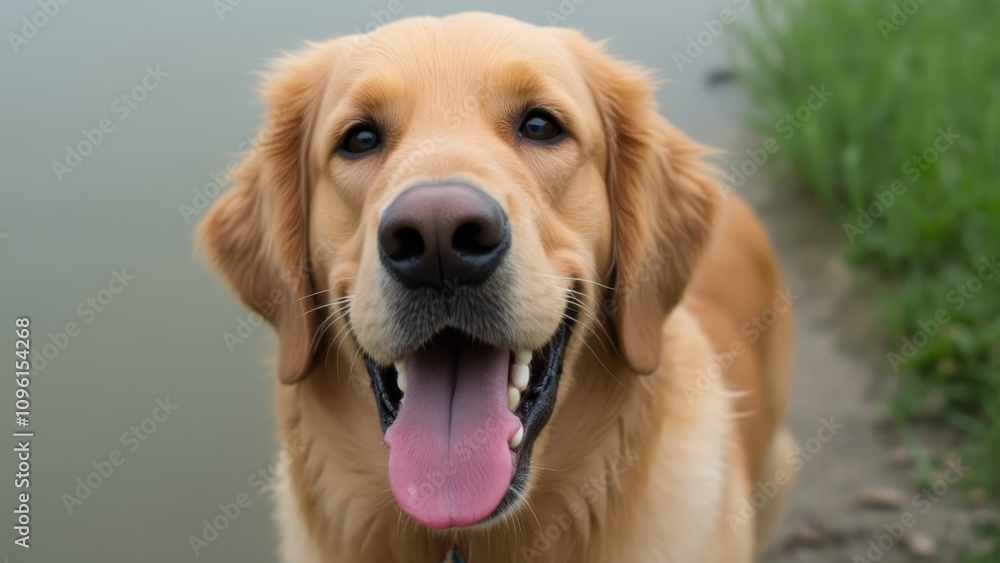a golden retriever with its tongue out, standing in front of a body of water surrounded by lush green grass a golden retriever with its tongue out, standing in front of a body of water surrounded by lush green grass