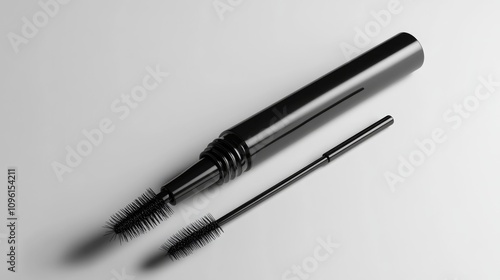 Wallpaper Mural Opened black mascara tube with a brush alongside it, featuring sleek design and bristles, isolated on a clean white background in a 3D illustration. Torontodigital.ca