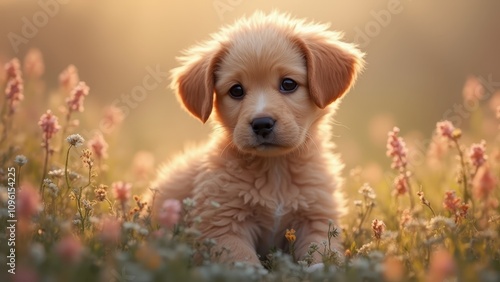  a small golden retriever puppy sitting in a field of flowers, with a blurred background