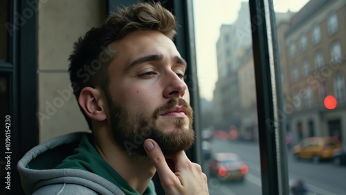  a man with a beard looking out a window at the city Through the window, we can see vehicles on the road, buildings, and the sky